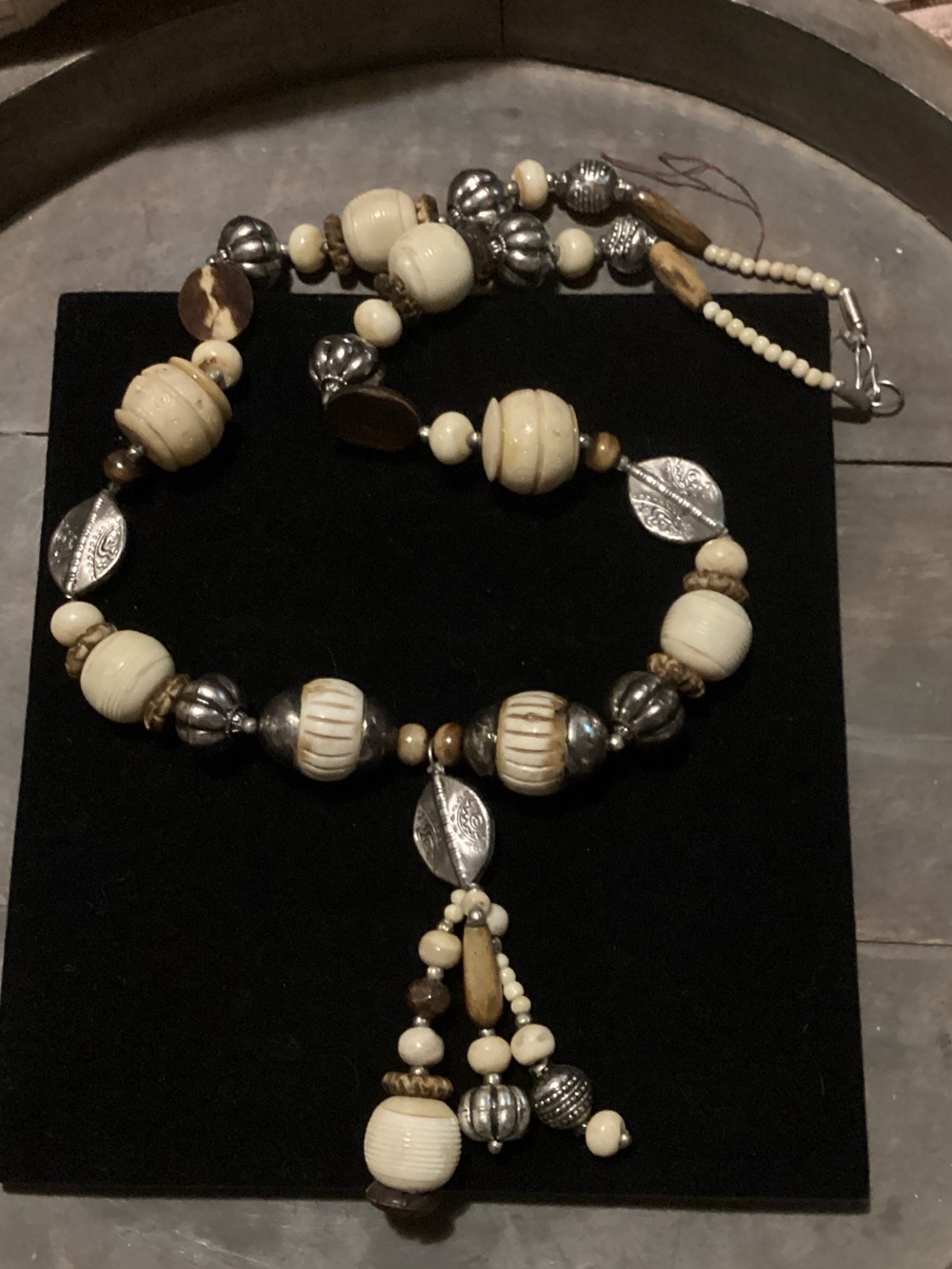 Handcrafted Ivory and Silver Beaded Statement Necklace - Unbranded